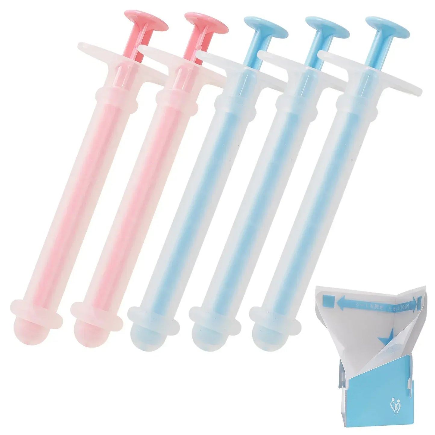 At-home insemination kit with five syringes in pink and blue, and a collection cup.