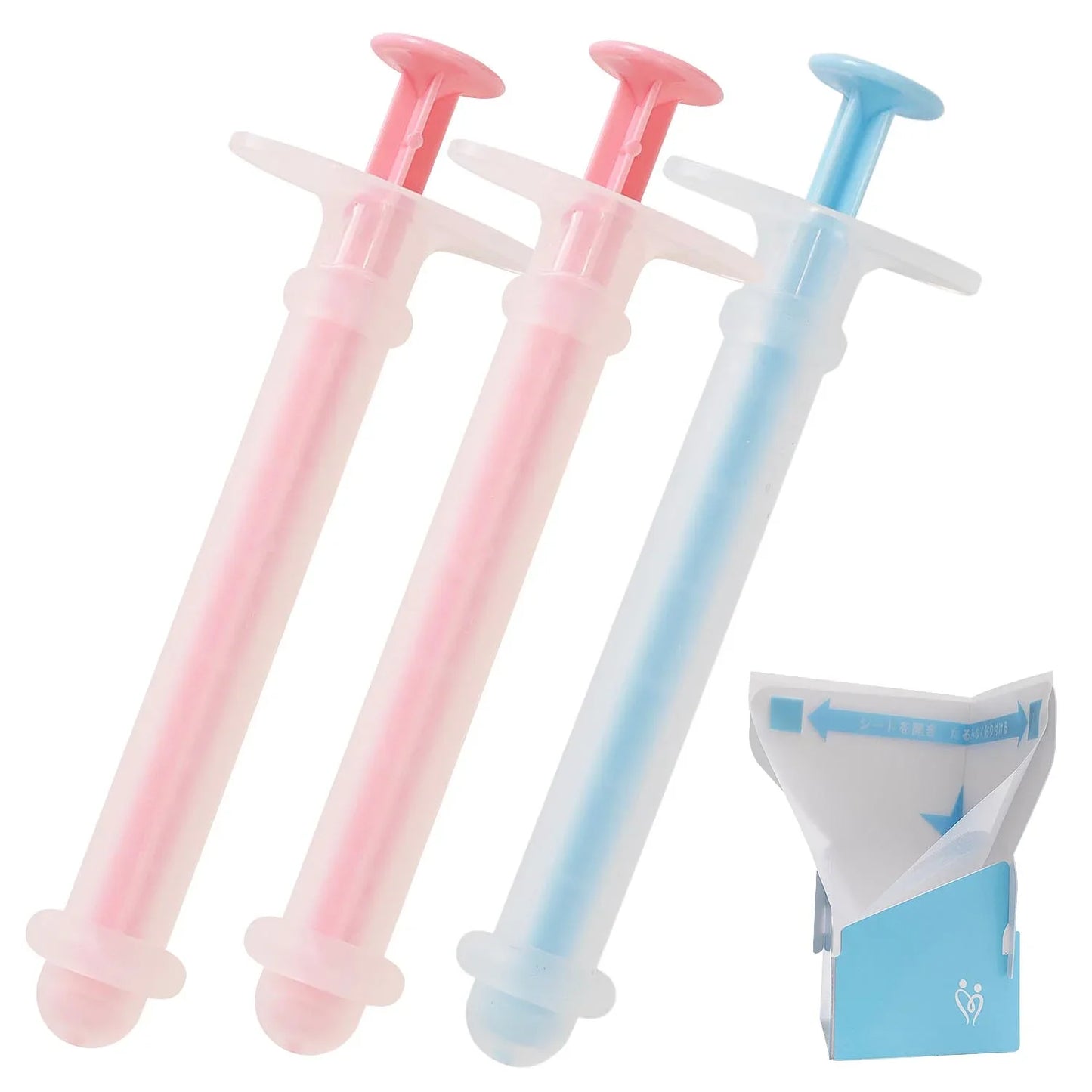 Three insemination syringes and a blue sample collection cup for home fertility kit