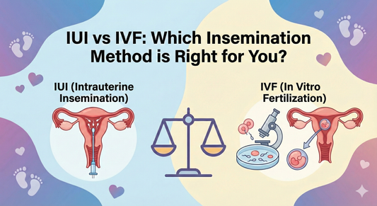 Comparison infographic of IUI versus IVF fertility treatments with medical icons and baby symbols.