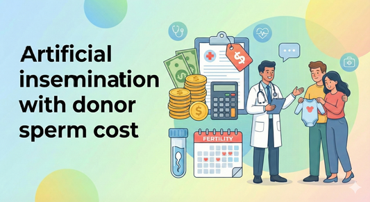 Couple discussing fertility costs with doctor, with charts, money, and insemination kit icons.