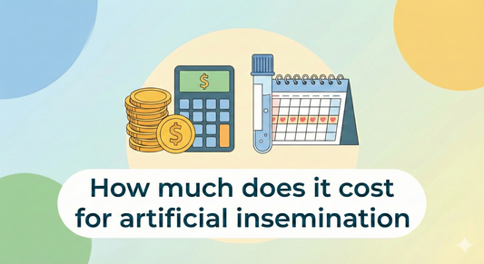 Artificial insemination cost infographic with coins, calculator, vial, and fertility calendar.