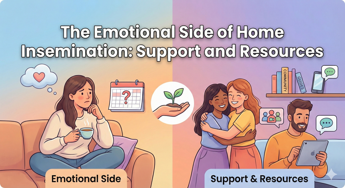 Illustration showing a woman feeling emotional with support resources for home insemination.