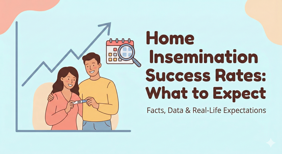 Couple holding pregnancy test with text about home insemination success rates and expectations