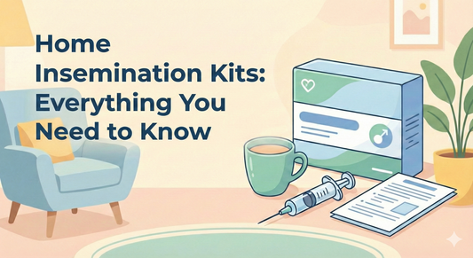 Illustration of home insemination kit with syringe, instructions, and cup in a cozy living room